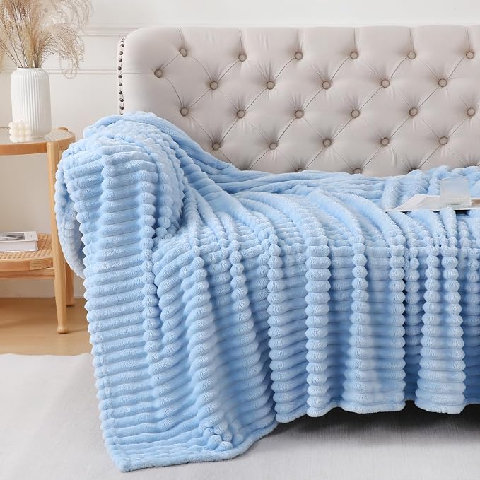 Light Blue Throw Blanket for Couch Sofa 60x80 inches Striped Design | Fleece - Image 2