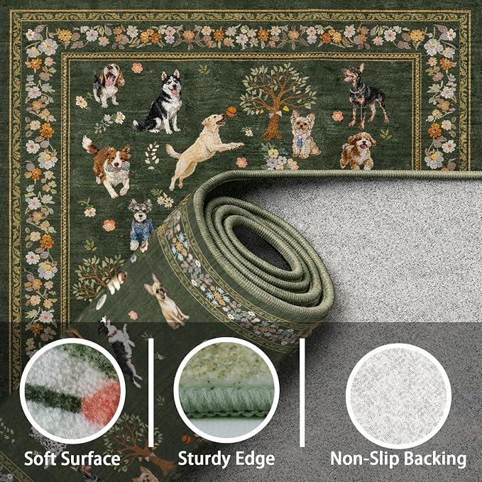 Dark Green Area Rug 4x6 for Bedroom Dining Room | Boho Style; Low Pile; Non - Image 7