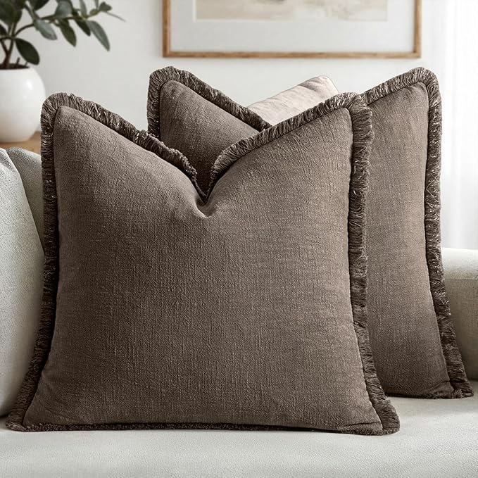 MIULEE Boho Linen Fringe Decorative Fall Throw Pillow Covers Coffee 20x20 | Set by MIULEE