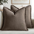 MIULEE Boho Linen Fringe Decorative Fall Throw Pillow Covers Coffee 20x20 | Set by MIULEE