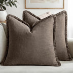 MIULEE Boho Linen Fringe Decorative Fall Throw Pillow Covers Coffee 20x20 | Set by MIULEE
