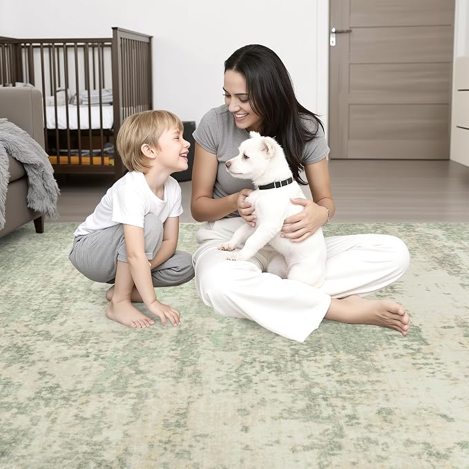 10x14 Area Rug Living Room: Modern Washable Soft Carpet Green Cream | - Image 9