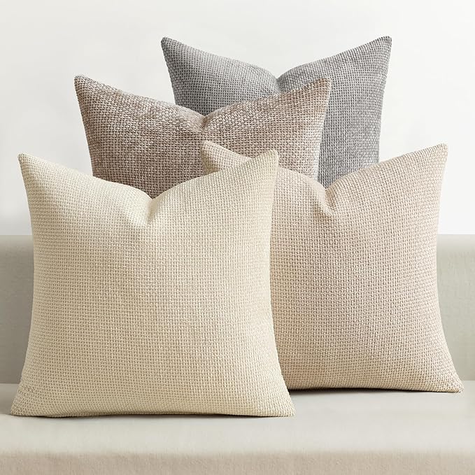 MIULEE Decorative Chenille Pillow Covers Neutral Beige 18x18 Pack of 4 | Modern by MIULEE