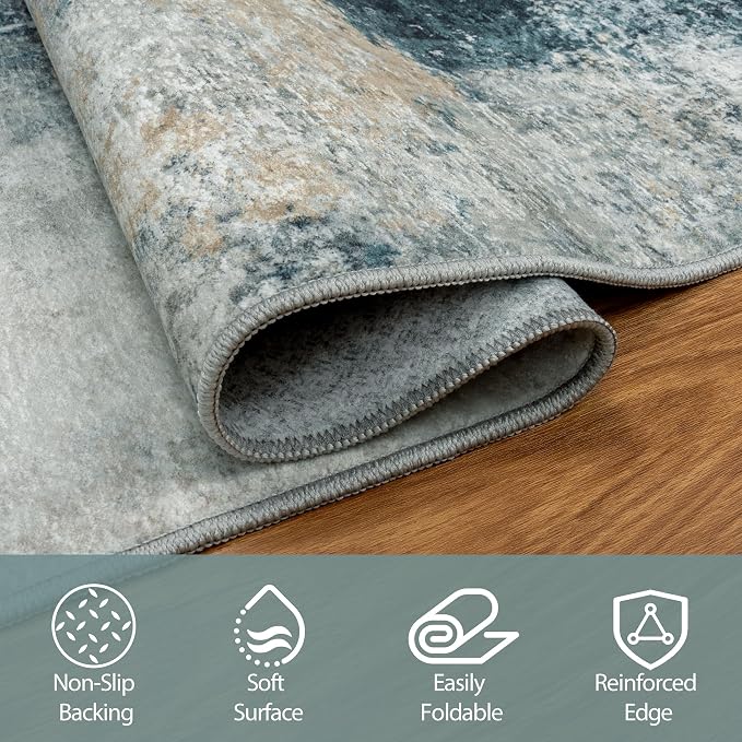 5x8 Area Rugs for Living Room Washable Bedroom Dining Room Teal Grey Gold | - Image 4