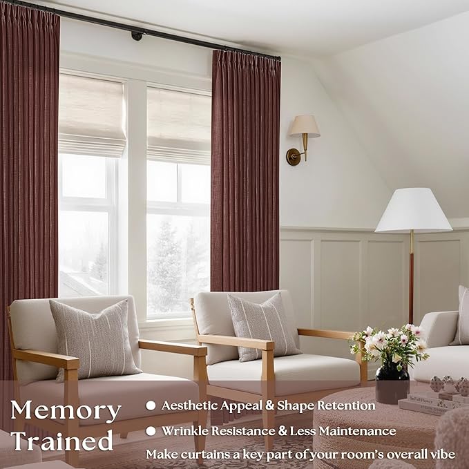Country Brown Red Linen Pinch Pleated Semi Sheer Curtains 102 Inches Long | - Image 2