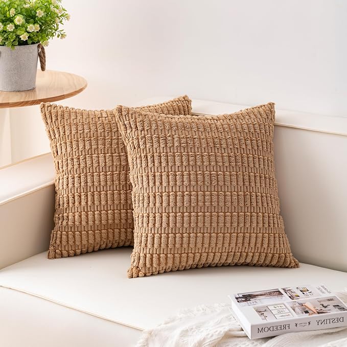 Aegero Pack of 2 Corduroy Decorative Throw Pillow Covers 18x18 Inch, Coffee | by Unknown