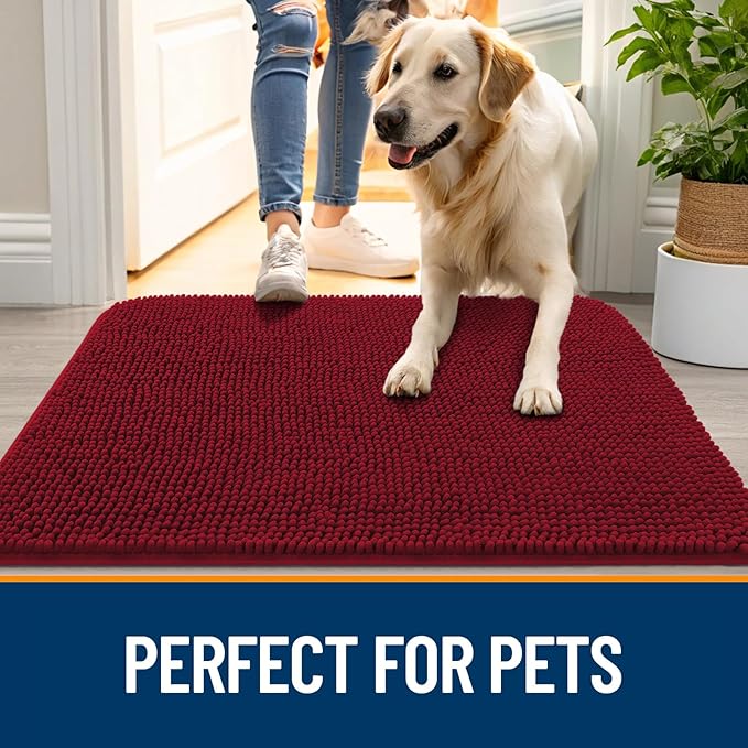 OLANLY Dog Door Mat for Muddy Paws 40x24, Super Absorbent Chenille Mud Mat | Red - Image 6