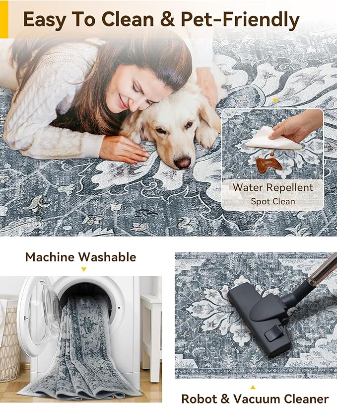 RELEANY Washable Area Rug, Water Repellent, Pet Friendly, Vintage Floral Boho - Image 4