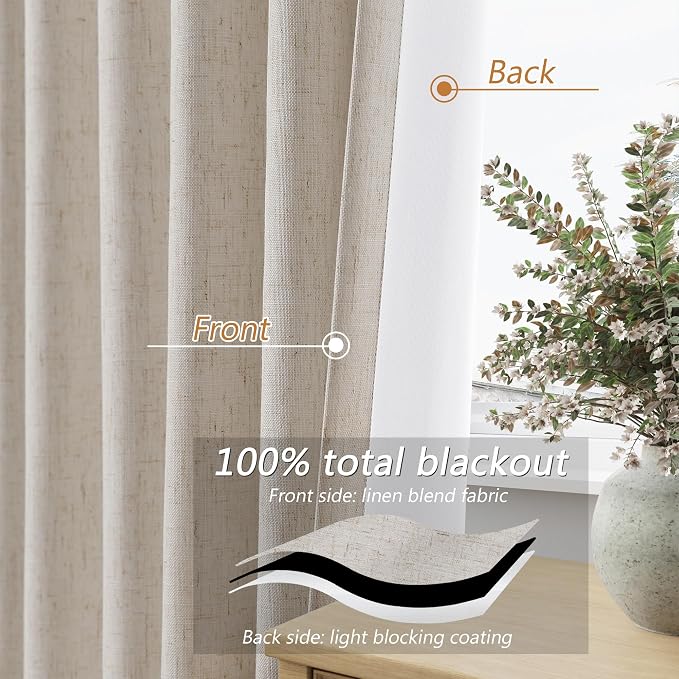 100% Blackout Linen Curtains for Bedroom 90 inches Long, Thermal Insulated Room - Image 4