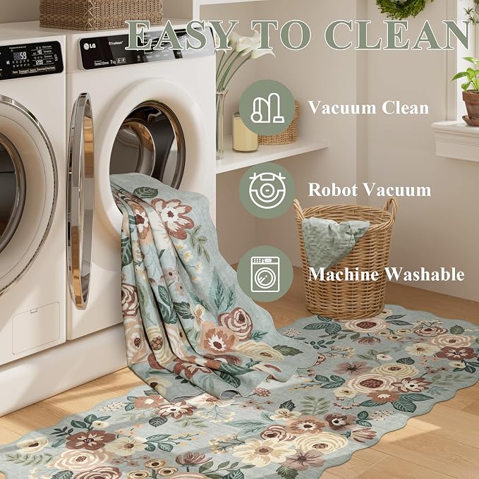 DUKINO 2.6x8 Runner Rug, Floral Washable Kitchens Rug Non Slip, Sage Green | - Image 8