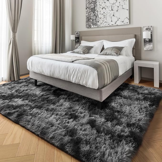 Abstract Area Rugs for Living Room 4x6, Plush Furry Tie-Dyed Dark Grey Rugs | - Image 5