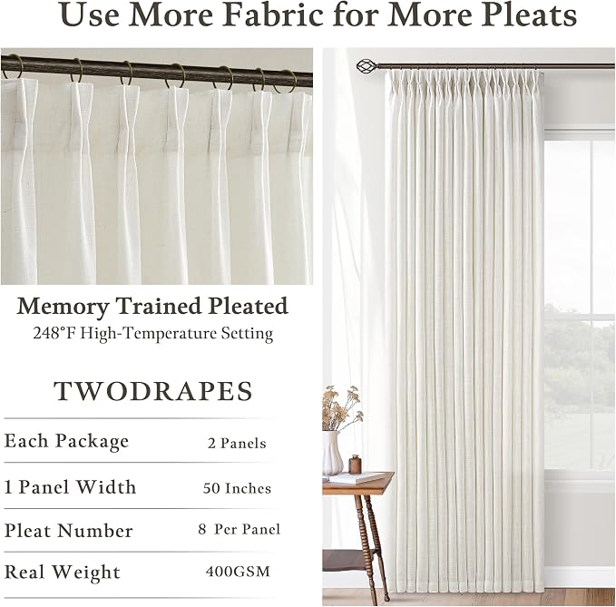 Cream Ivory Linen Pleated Memory Shaped Light Filter Curtains 84 Inch Long | - Image 4