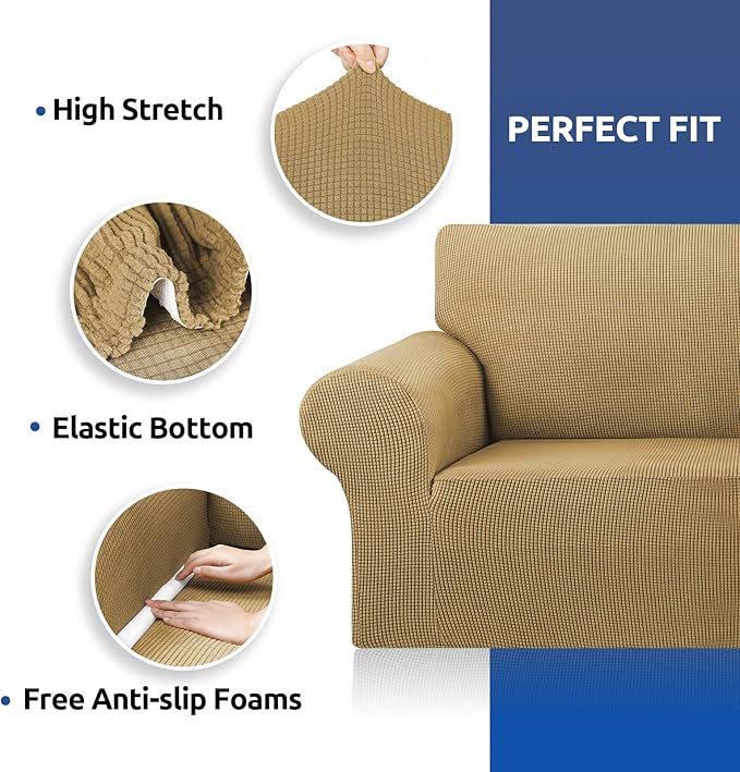 Stretch Couch Covers for Sofa, 3 Cushion Couch Slipcover, Tan | 1-Piece - Image 5