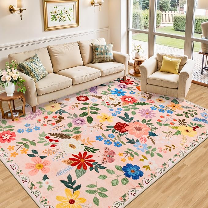 PLHXFR Area Rug 9x12 Living Room: Floral Washable Boho Soft Carpet Beige | - Image 2