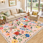 PLHXFR Area Rug 10x14 Living Room: Floral Washable Boho Soft Carpet Beige | - Image 2