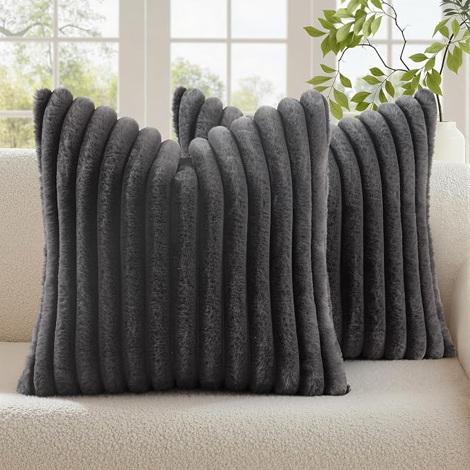 decorUhome Fall Faux Fur Throw Pillow Covers 16x16 Set of 2 Dark Grey | by decorUhome