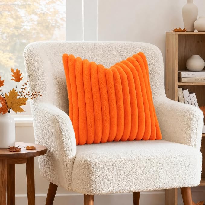 decorUhome Fall Faux Fur Throw Pillow Covers 12x20 Set of 2 Orange | Decorative - Image 4
