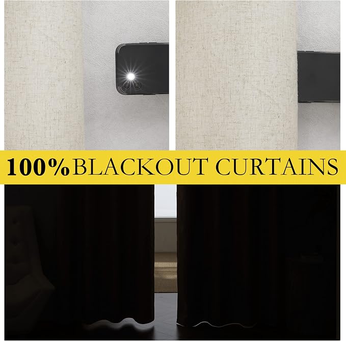 NICETOWN Natural Full Blackout Boho-Chic Linen Curtains 84 inch Long 2 Panels - Image 2