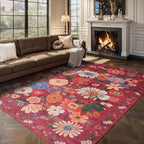 Red Floral Area Rugs 5x7 for Bedroom Livingroom Non-Slip | Ultra-Thin Soft - Image 6