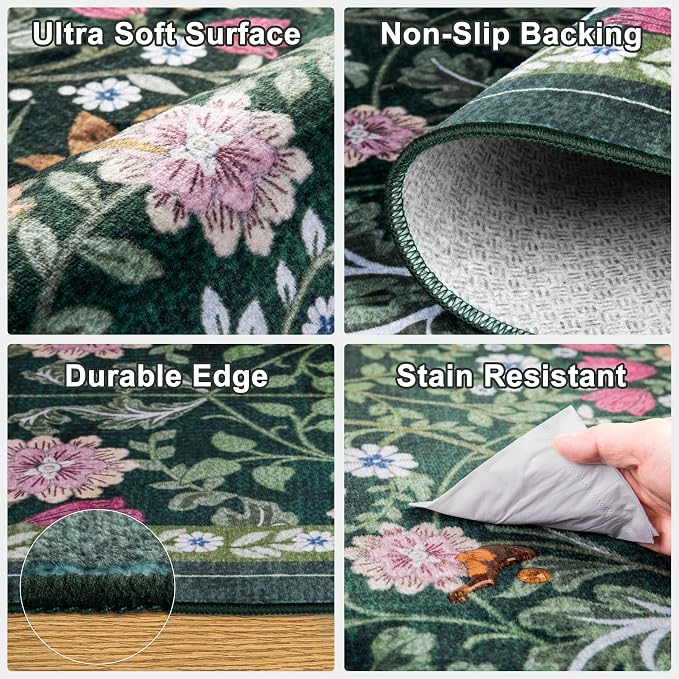 PLHXFR Area Rug 9x12 Living Room: Floral Washable Boho Carpet Dark Green | - Image 6
