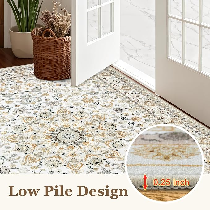 Round Area Rug for Living Room: 4ft Washable Rug for Bedroom Beige | Vintage - Image 8