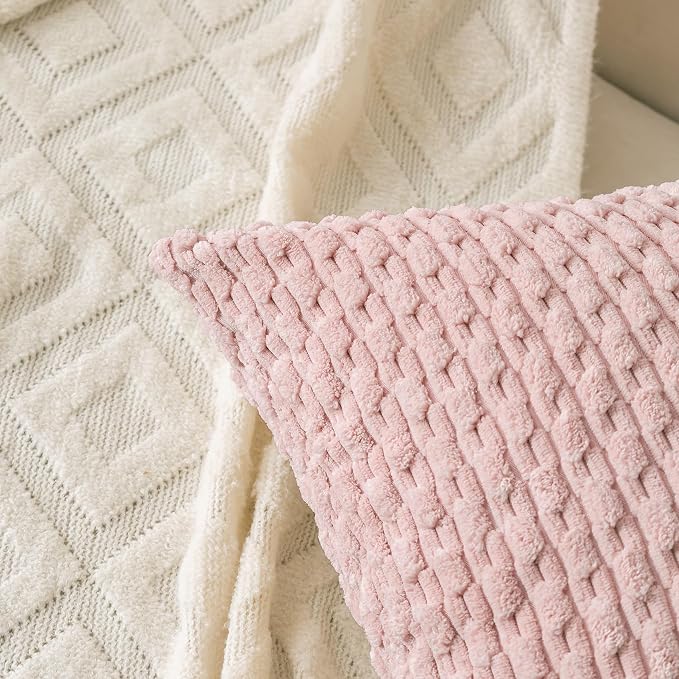 Set of 4 Pink Beige White Decorative Throw Pillow Covers 16x16 Inch Corduroy - Image 4