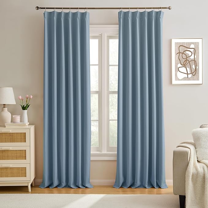 Dusty/Stone/Slate Blue Pleated Blackout Curtains 84 Inch Drop 2 Panels by KEQIAOSUOCAI