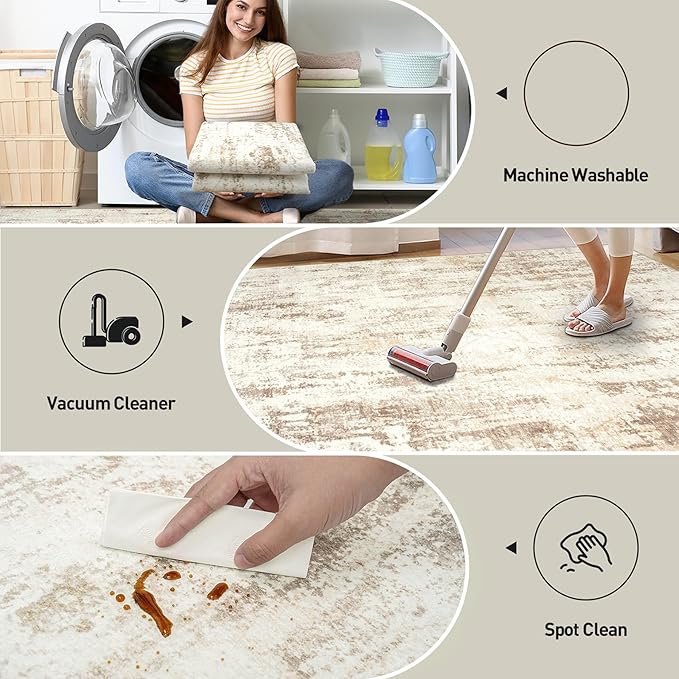 6x9 Area Rugs for Living Room: Washable Abstract Beige Grey Badroom Carpet | - Image 4