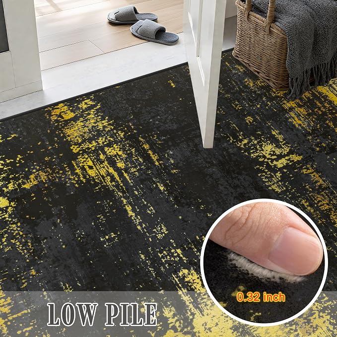 3x8 Washable Runner Rug：Modern Abstract Soft Carpet Black Gold | - Image 7