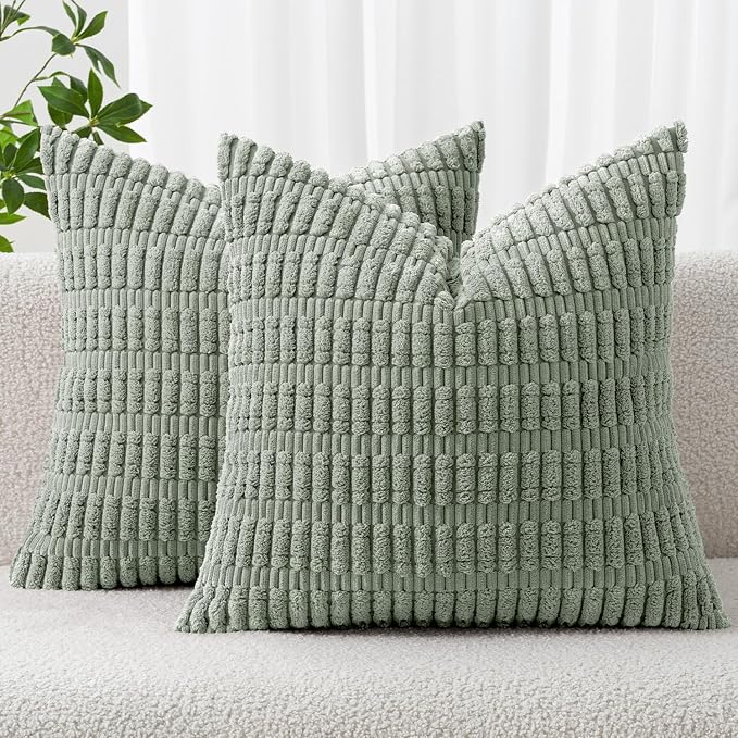 MIULEE Corduroy Decorative Throw Pillow Covers 18x18 Grey Green Pack of 2 | by MIULEE