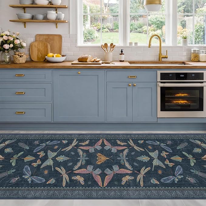 Dark Blue Vintage Hallway Runner Rug 3x12, Washable Non Slip Kitchen Carpet - Image 3