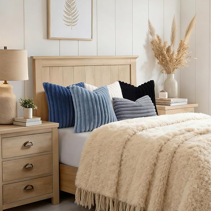 decorUhome Fall Faux Fur Throw Pillow Covers 12x12 Set of 2 Navy Blue | - Image 8