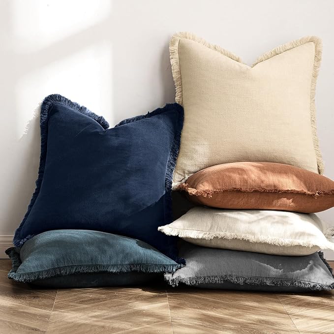 MIULEE Boho Linen Fringe Decorative Throw Pillow Covers Dark Navy 20x20 | Set - Image 4