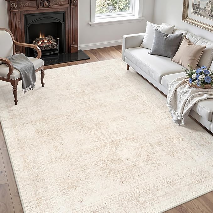 5x7 Area Rugs Living Room: Bedroom Neutral Washable Carpet Beige | Large - Image 3