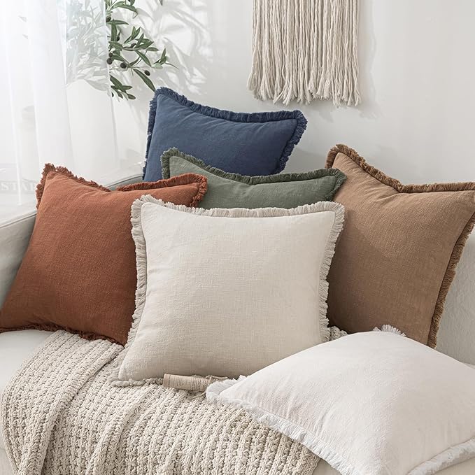 MIULEE Boho Linen Fringe Decorative Throw Pillow Covers Indigo Blue 18x18 | Set - Image 6