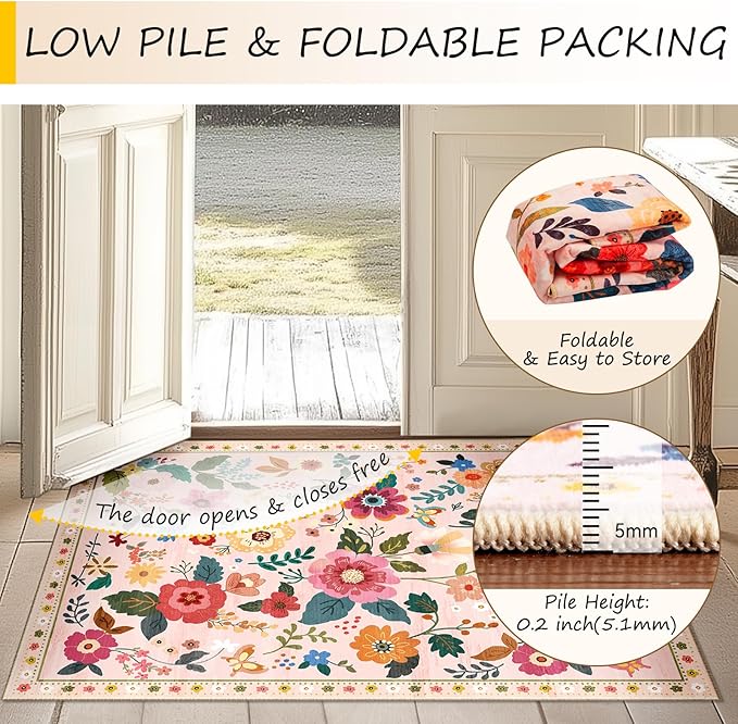 RELEANY Floral Washable 8x10 Area Rugs Pink | Flower Carpet Print Boho Cute Non - Image 4