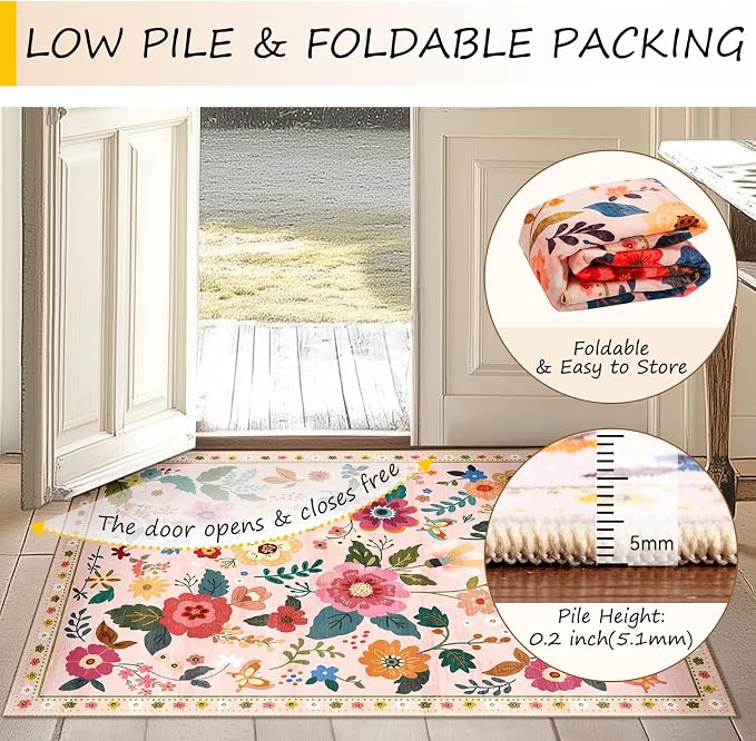 RELEANY Floral Washable 2x3 Area Rugs Doormat Pink | Flower Carpet Print Boho - Image 5