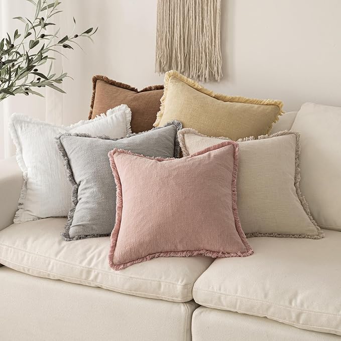 MIULEE Boho Linen Fringe Decorative Throw Pillow Covers White 18x18 | Set of 2 - Image 6