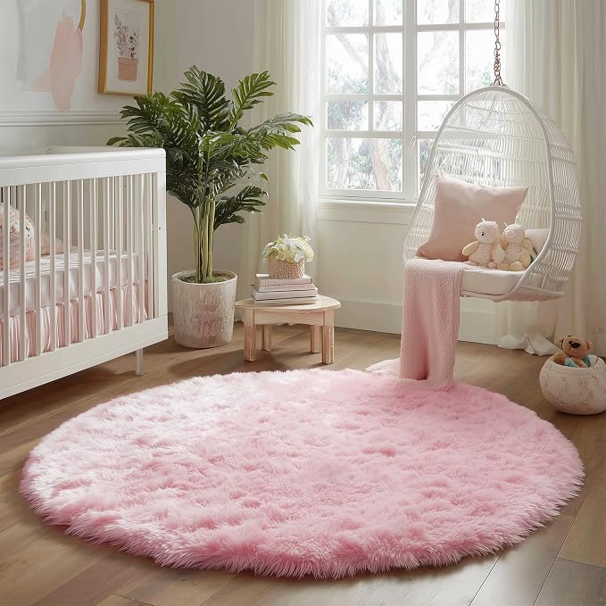 Amdrebio Pink Circle Round Fluffy Area Rug 4Ft - Image 8