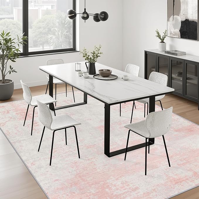 10x14 Area Rug Living Room: Modern Washable Soft Carpet Pink White | - Image 4