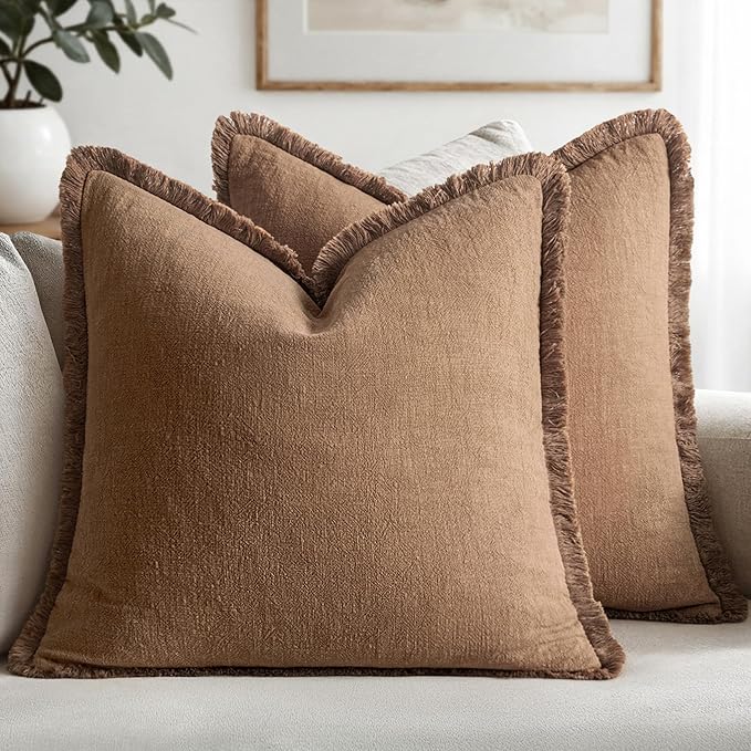 MIULEE Boho Linen Fringe Decorative Fall Throw Pillow Covers Brown 20x20 | Set by MIULEE