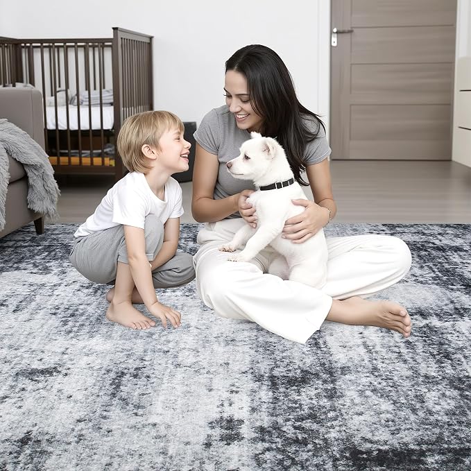 10x14 Area Rug Living Room: Modern Washable Soft Carpet Dark Black | - Image 7