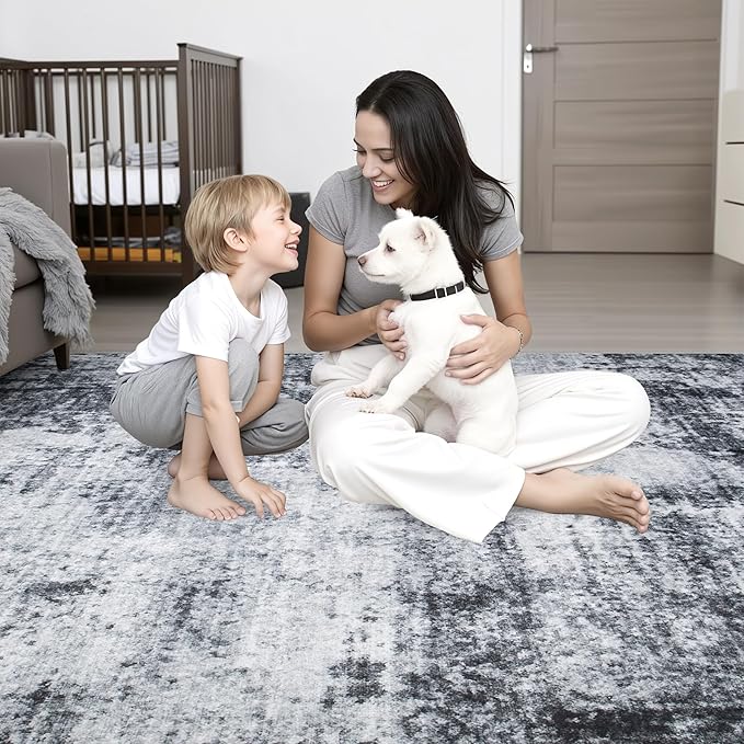 Round Area Rug Living Room: 6 ft Modern Washable Carpet Dark | - Image 8