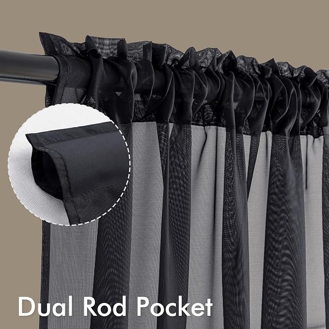 MIULEE 4 Panels Half Window Tier Black Sheer Curtains 42 x 36 Inches | Light - Image 3