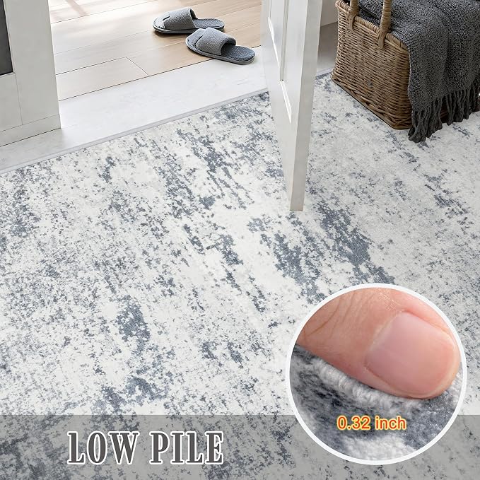 3x8 Washable Runner Rug：Modern Abstract Soft Carpet Blue Grey | - Image 7