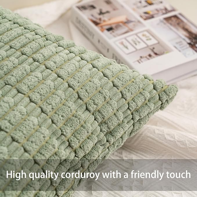 Pack of 2 Corduroy Decorative Throw Pillow Covers 12x20 Inch, Dark Green | Fall - Image 2