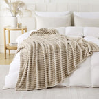 Khaki Throw Blanket for Couch Sofa 90x90 inches Striped Design | Fleece - Image 2
