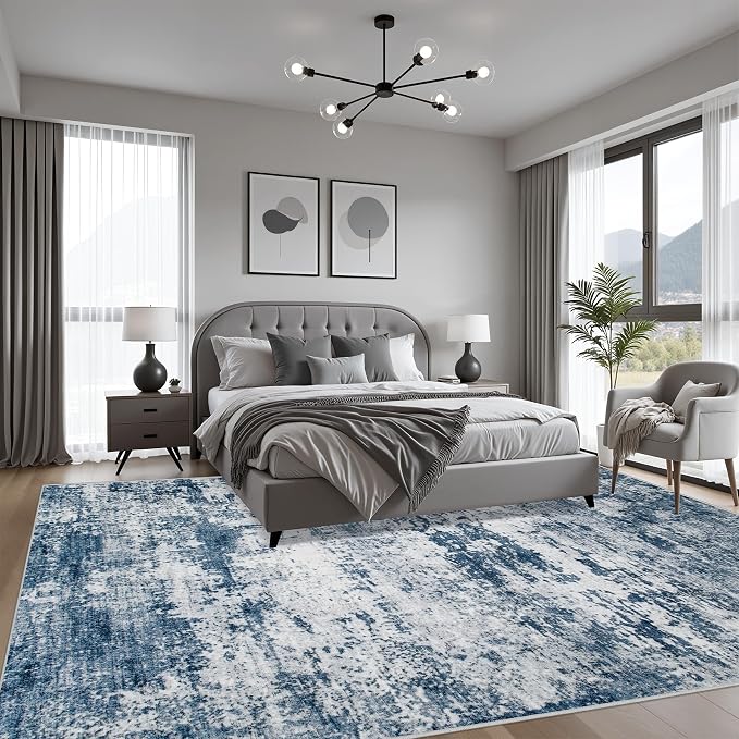 10x14 Area Rug Living Room: Modern Washable Indoor Soft Carpet Blue | - Image 3