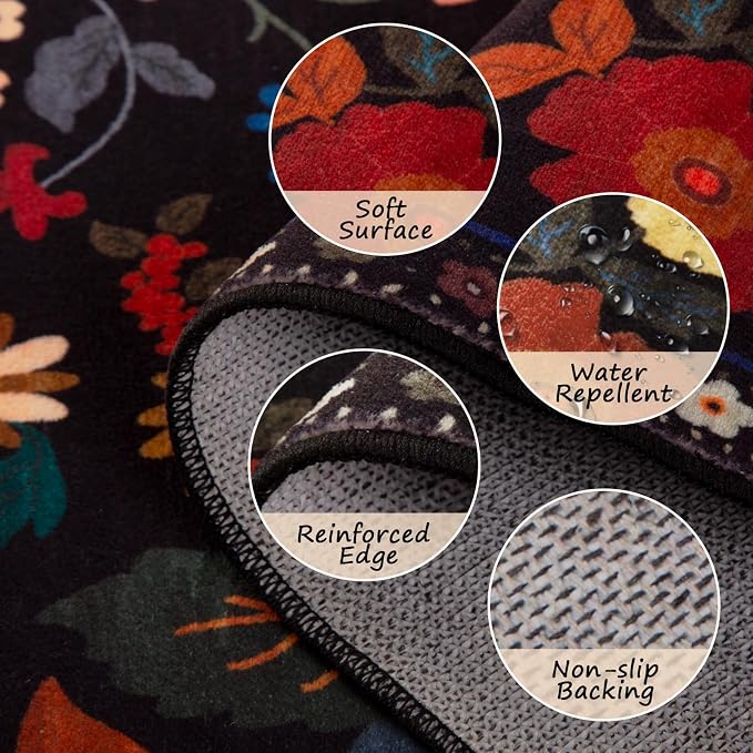 RELEANY Floral Washable Round 6ft Area Rug Black | Flower Carpet Print Boho - Image 3