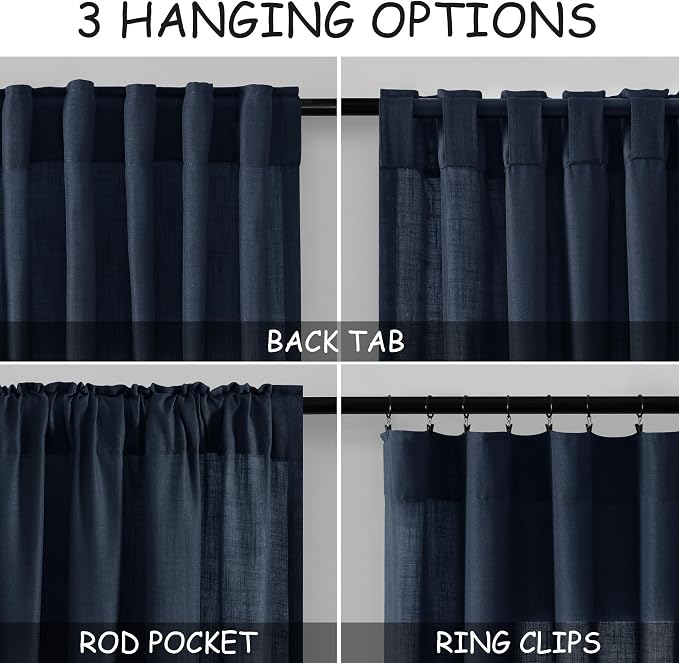 Navy Blue Boho Curtains for Bedroom Back Tab Rod Pocket Semi Sheer Linen - Image 3